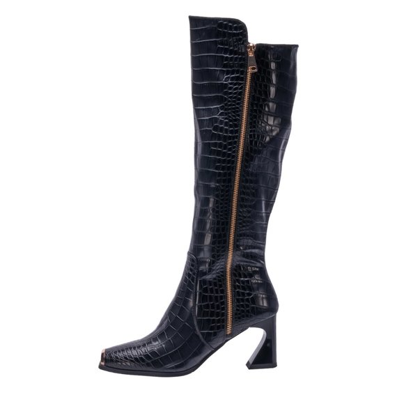 Stylish Vintage Black Fashion Leather Knee High Heel Crocodile Boot - Picture 4 of 9
